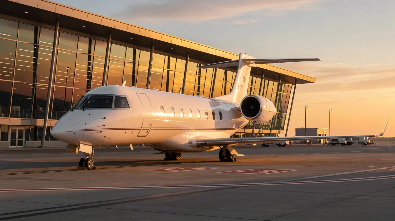 A sleek private jet is parked beside a modern terminal, bathed in the warm glow of sunrise, symbolizing the luxury and professionalism of the jet charter industry. This scene represents the finest services available for clients in Colorado and across the USA, ensuring safe and timely flights to meet their business needs.