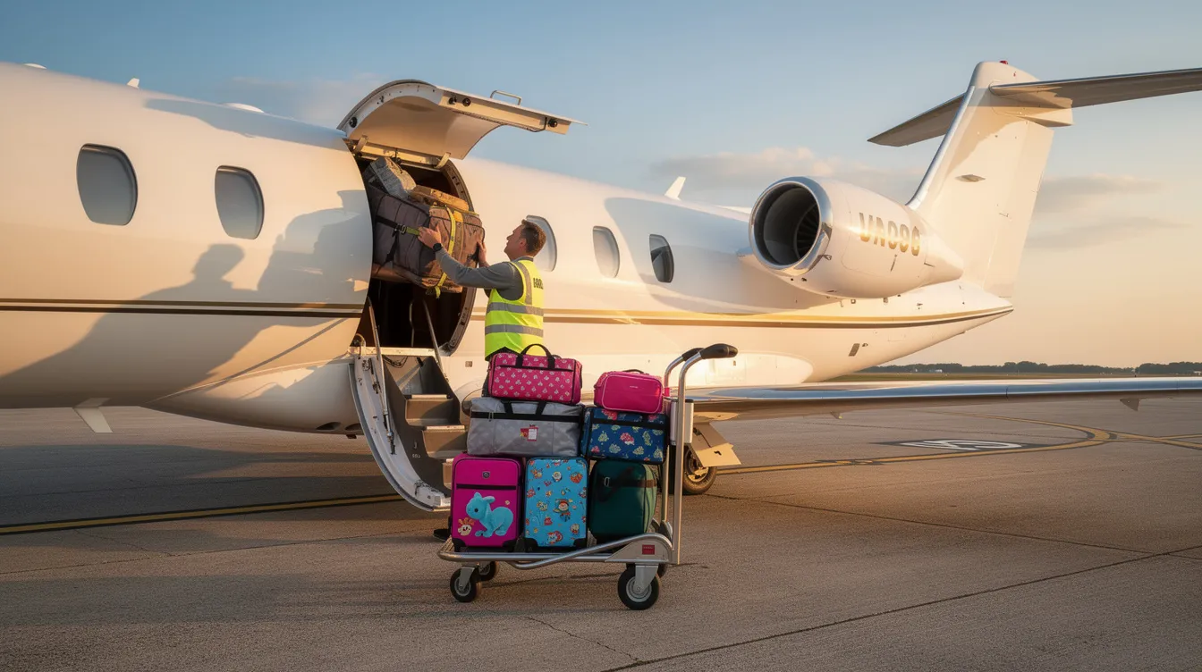 A family is seen loading their luggage into the baggage compartment of a private jet, showcasing the convenience and professionalism of private jet charter services. This image highlights the seamless experience of air travel tailored to meet the needs of clients in the industry.