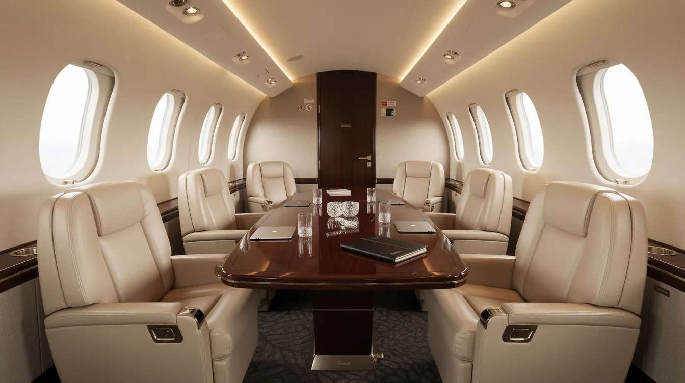 The image depicts the luxurious interior of a private jet, featuring plush leather seats arranged around a sleek conference table, ideal for business meetings and professional discussions. This elegant aircraft offers a comfortable and safe environment for clients and vendors to meet while traveling for their company needs.