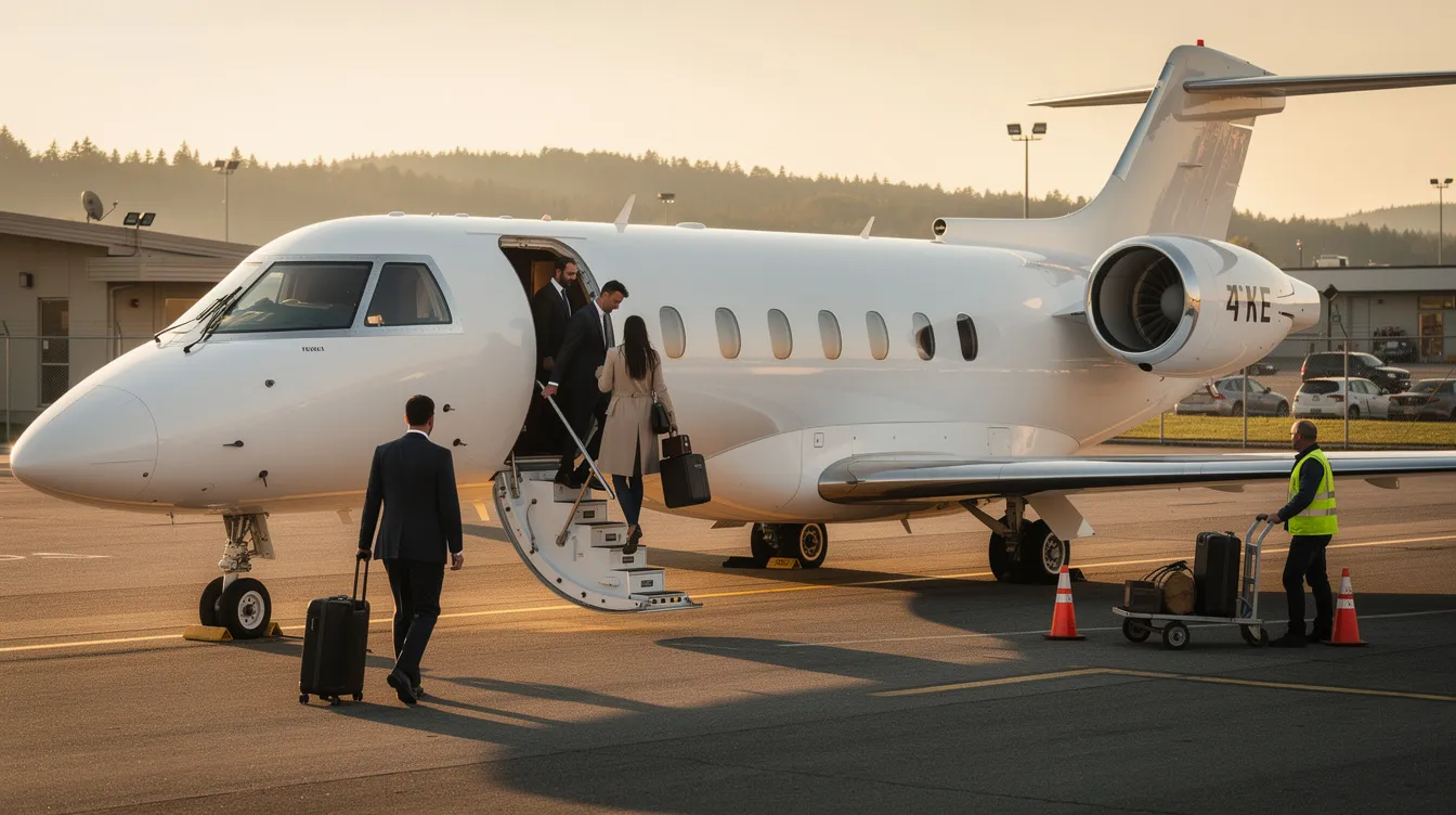 A group of professional business travelers is boarding a sleek private jet at a small airport in Colorado, preparing for their flight to meet clients and vendors. This aircraft represents the finest in jet charter services, ensuring a safe and efficient travel experience tailored to their needs.