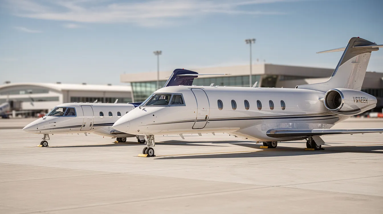 The image shows three private aircraft of varying sizes parked on an airport apron, viewed from a slight angle. This scene highlights the diversity in aircraft types, which can influence private jet charter costs and is essential for those considering private flight options.