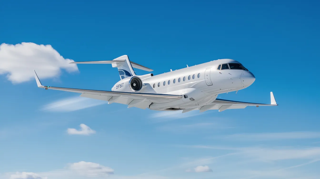 A sleek modern private jet soars through a clear blue sky, surrounded by fluffy white clouds, symbolizing the luxury and efficiency of private jet travel. This image evokes the allure of charter flights, where travelers can enjoy personalized itineraries and comfort in the skies.
