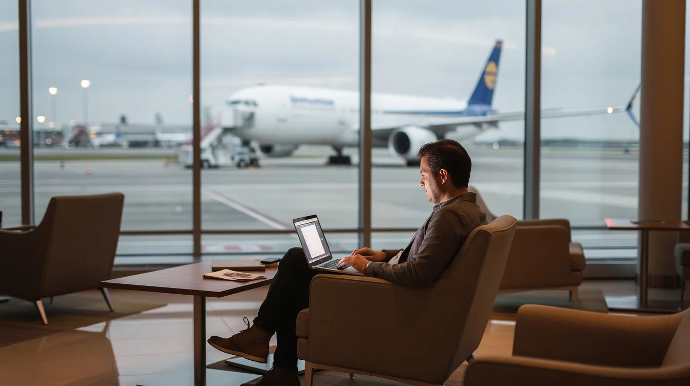 A person is seated in an airport lounge, focused on their laptop screen, which displays information about private jet charter costs and flight itineraries. Large windows behind them reveal a view of the runway, where aircraft are preparing for takeoff and landing.