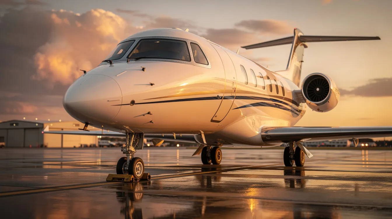 The image depicts a sleek Piaggio P180 Avanti private jet, showcasing its advanced technology and distinctive design with rear-mounted engines and pusher propellers. The aircraft features a spacious passenger cabin area and is designed for greater fuel efficiency, making it a versatile choice for business aviation.