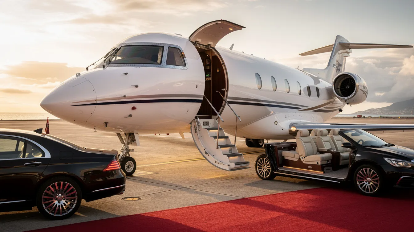 The image features a sleek Piaggio P180 Avanti private jet, showcasing its advanced technology and distinctive design with rear-mounted engines and pusher propellers. The aircraft is designed for greater efficiency, with a spacious passenger cabin area and a unique wing configuration that enhances its performance and fuel efficiency.