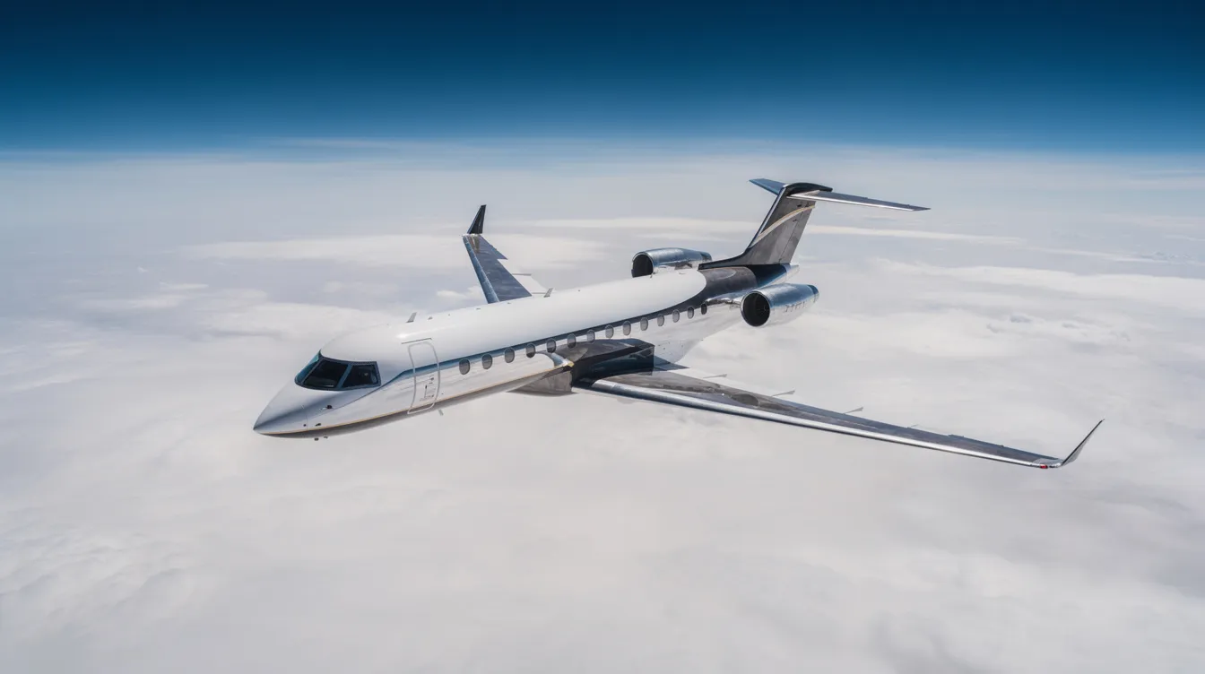 A sleek Cessna Citation light business jet soars above a layer of fluffy clouds, set against a clear blue sky, showcasing the elegance and performance of the Cessna Citation family. This aircraft represents the pinnacle of business aviation, designed for efficiency and comfort with a spacious cabin suitable for private owners and corporate flight departments alike.
