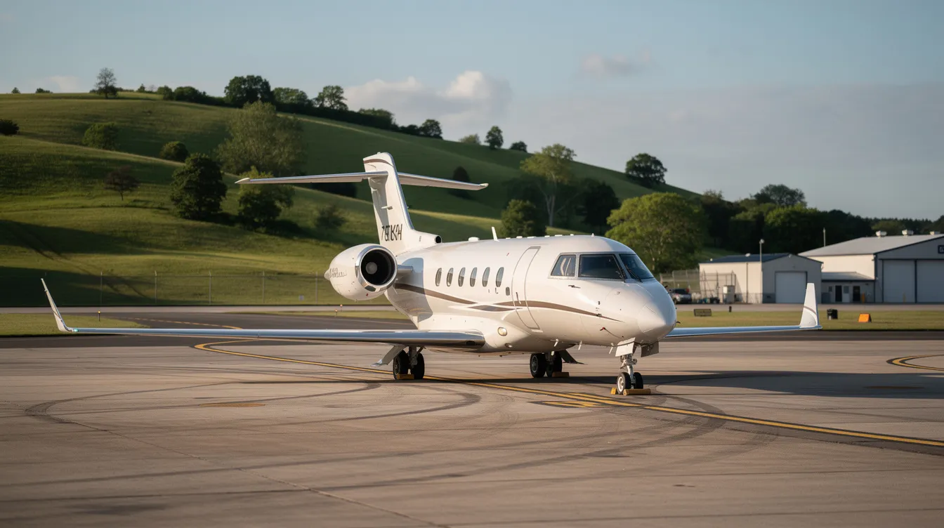 A small Cessna Citation jet is parked on the tarmac of a regional airport, surrounded by lush green hills in the background. This light jet, known for its spacious cabin and advanced avionics, is part of the extensive Cessna Citation fleet, popular among private owners and business aviation enthusiasts.