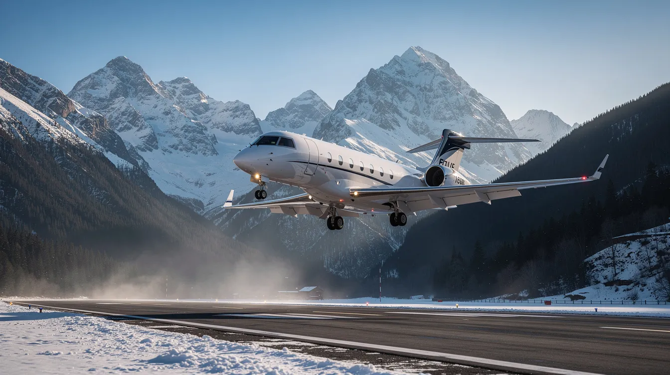 A Cessna Citation jet is seen approaching a runway at a mountain airport, surrounded by majestic snow-capped peaks. The scene captures the essence of business aviation, showcasing the sleek design and advanced features typical of the Cessna Citation family of private jets.