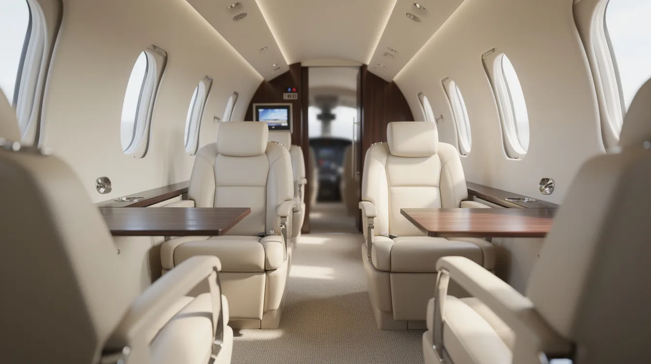 The image depicts the interior of a modern private jet cabin, featuring cream leather seats arranged in a club configuration, providing a spacious and comfortable environment typical of Cessna Citation jets. The flat floor design enhances accessibility, making it ideal for business aviation and private owners.