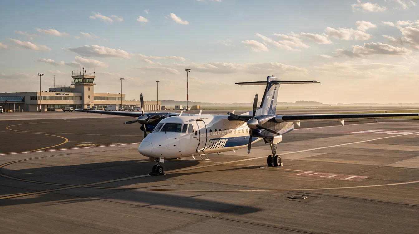 A Beechcraft King Air 250 twin turboprop aircraft is parked near a small regional airport runway, showcasing its powerful engines and spacious cabin designed for up to nine occupants. The aircraft features a sleek design with a notable wingspan, perfect for operations on shorter runways.