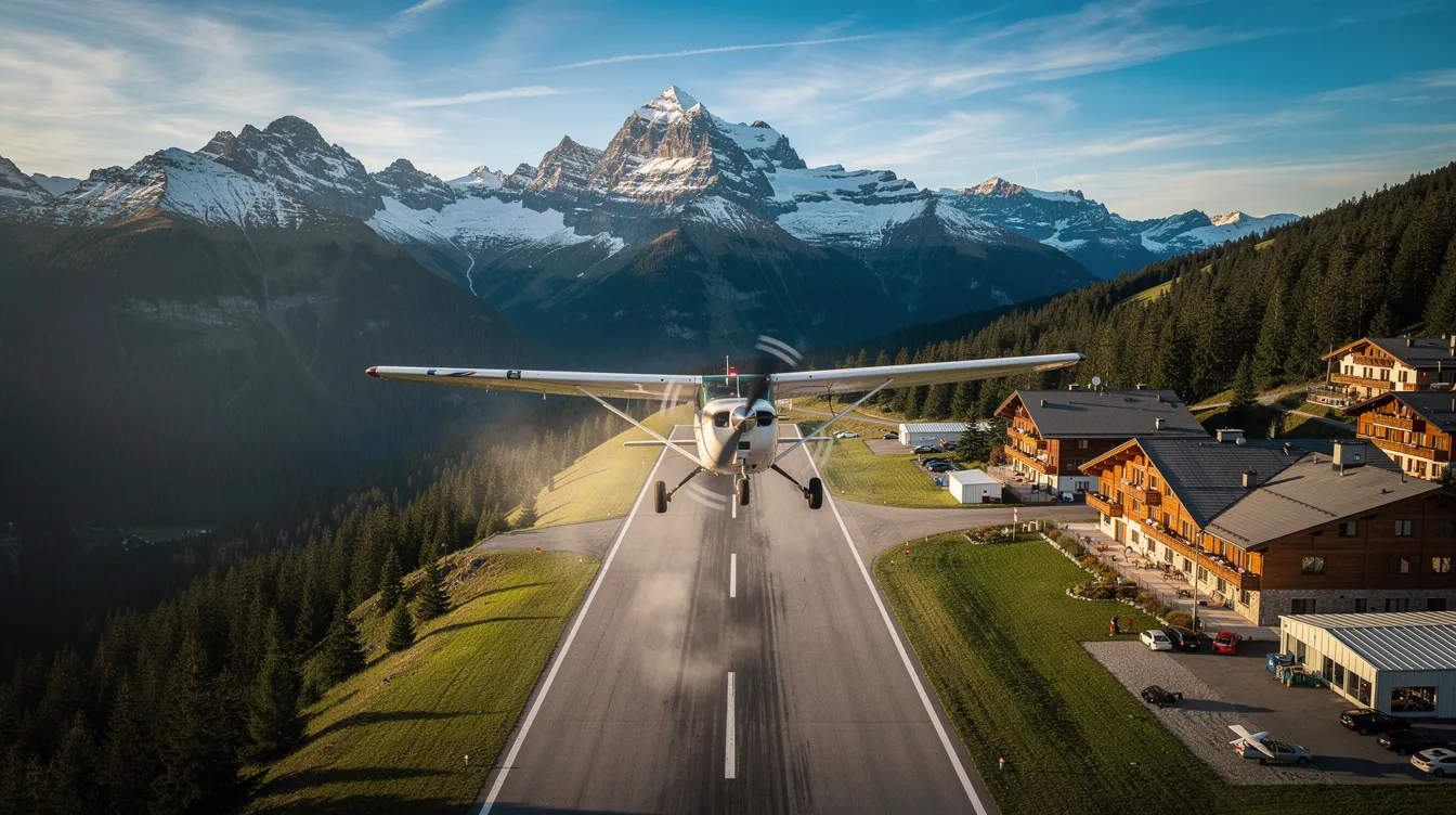 A Beechcraft King Air 250 small aircraft is landing near a mountain resort runway, surrounded by picturesque scenery. The aircraft, designed for single pilot operations, is equipped with advanced integrated terrain awareness and a warning system, making it well-suited for shorter runways in various operational environments.