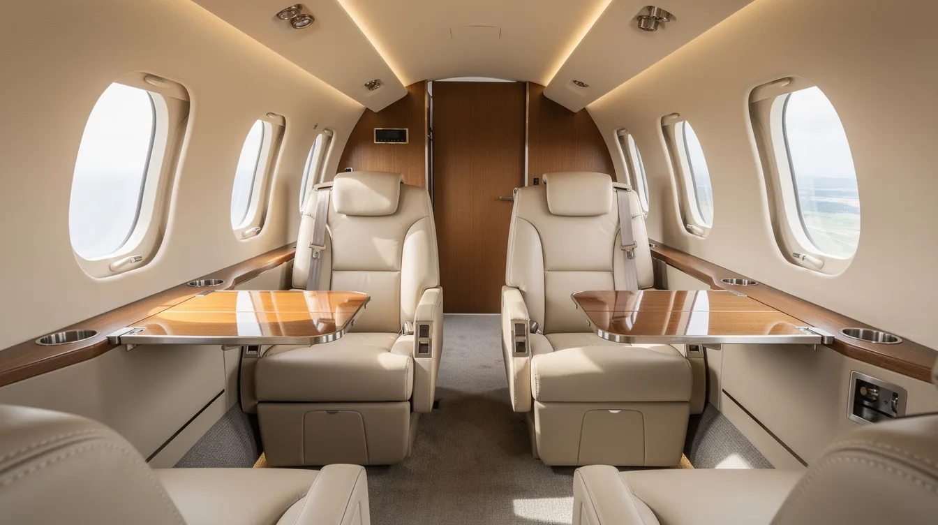The image depicts the interior of a private Beechcraft King Air turboprop cabin, featuring leather seats and fold-out work tables, designed to comfortably accommodate up to nine occupants during flights. The cabin is well-appointed with windows allowing natural light, enhancing the overall travel experience in this versatile aircraft.
