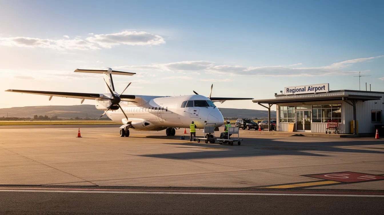 A pair of twin turboprop aircraft, including a Beechcraft King Air model, are parked at a regional airport near a small terminal, showcasing their sleek fuselage and powerful engines. The scene captures the essence of civilian turboprop aircraft, often used for various missions such as air ambulance and aerial photography.