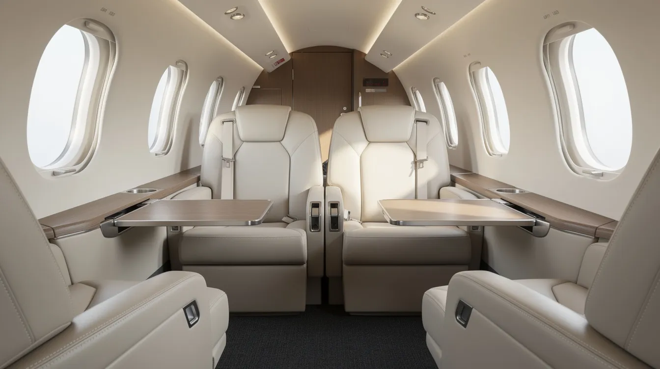 The image depicts the luxurious cabin of a Beechcraft King Air 300, featuring club seating with small fold-out tables, designed for comfort and functionality in civilian turboprop aircraft. The elegant interior is ideal for business travel, accommodating passengers with a spacious and inviting atmosphere.