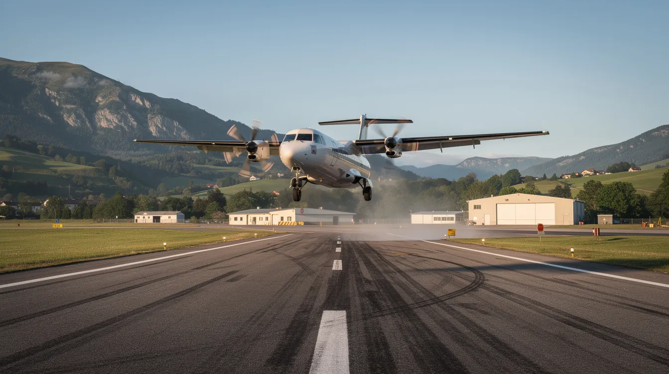 A Beechcraft King Air 300, a twin turboprop aircraft known for its powerful engines and improved performance, is taking off from a short regional runway surrounded by hills. The aircraft's sleek fuselage and wingspan are highlighted against the natural landscape as it ascends into the sky.