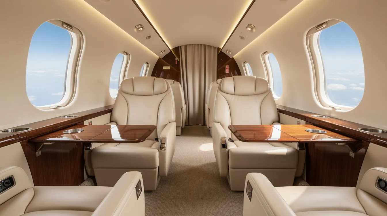 The image depicts a luxurious private jet cabin interior featuring wide leather seats and large oval windows that allow natural light to flood the space, creating a comfortable environment for relaxation and focused work. This elegant cabin design exemplifies the high standards of business aviation, providing ample cabin volume and flexible space for passengers.