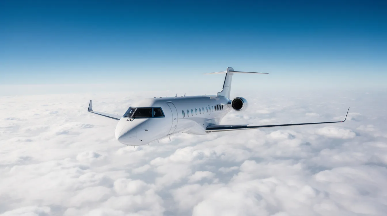 A sleek white Gulfstream business jet soars at high altitude above a layer of fluffy clouds, set against a clear blue sky. This aircraft, designed for maximum range and efficiency, exemplifies advanced performance in business aviation with its spacious cabin and powerful engines.
