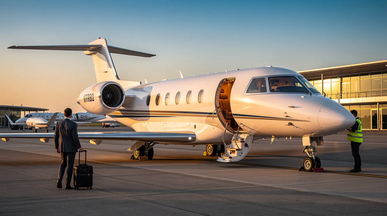 The image showcases a sleek Gulfstream G400 private jet, highlighting its spacious cabin designed for business aviation, featuring oval windows and flexible space for passenger comfort. The aircraft is equipped with advanced systems for optimal performance, including a cruise speed of Mach 0.85 and a maximum range of 4,200 nautical miles.