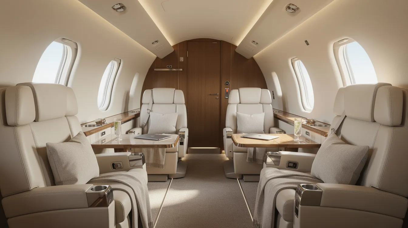 The image depicts a comfortable private jet cabin featuring wide seats that provide ample space for passengers, illuminated by natural light streaming through large windows. This luxurious environment is indicative of business aviation at its finest, showcasing the advanced design and cutting-edge technology typical of Dassault Falcon aircraft.