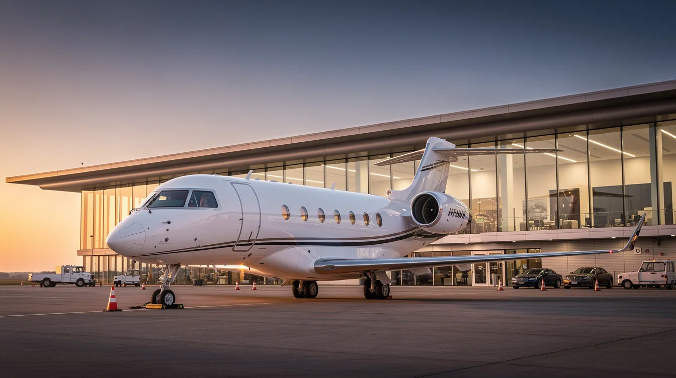 A large Dassault Falcon 10X private jet is parked near a modern business aviation terminal, showcasing its cutting-edge technology and spacious cabin designed for ultimate comfort. The aircraft features advanced avionics and efficient engines, emphasizing its ultra-long range capabilities for business travel.