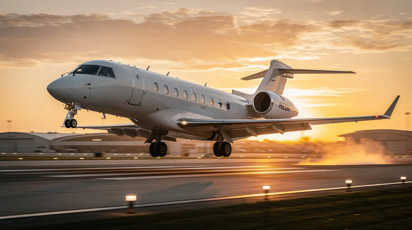 A Dassault Falcon 10X private jet takes off from a business airport runway at sunset, showcasing its cutting-edge technology and efficient engines. The vibrant colors of the sunset reflect off the aircraft, emphasizing its sleek design and ultra-long-range capabilities.