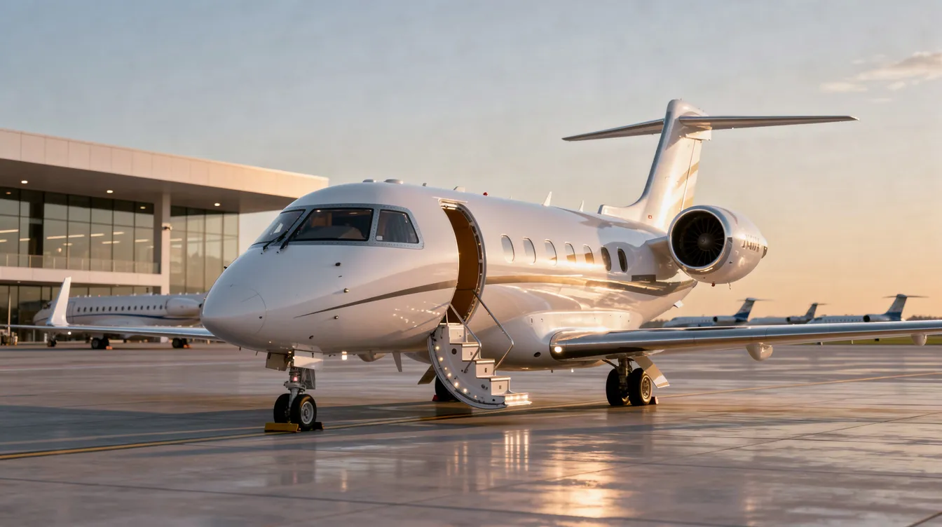 The image showcases a luxurious Gulfstream G550 private jet, highlighting its sleek design and spacious cabin, which can accommodate up to 19 passengers. It emphasizes features such as the Rolls Royce engine model, maximum takeoff weight, and ultra long range capabilities, making it ideal for high-speed flights and business travel.