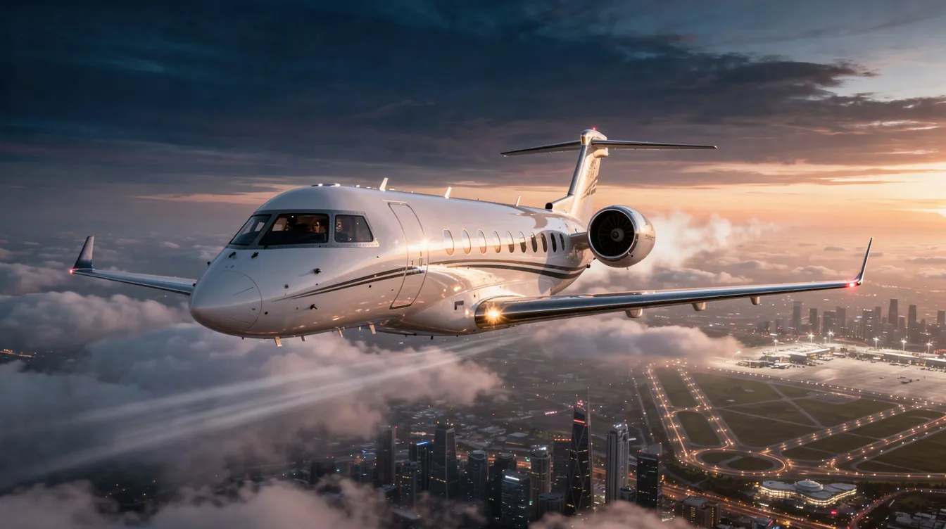 The image showcases a luxurious Gulfstream G550 private jet, highlighting its sleek design and spacious cabin, which can accommodate up to 19 passengers. It emphasizes features such as the Rolls Royce engine model, maximum takeoff weight, and ultra long range capabilities, making it ideal for high-speed flights and business travel.