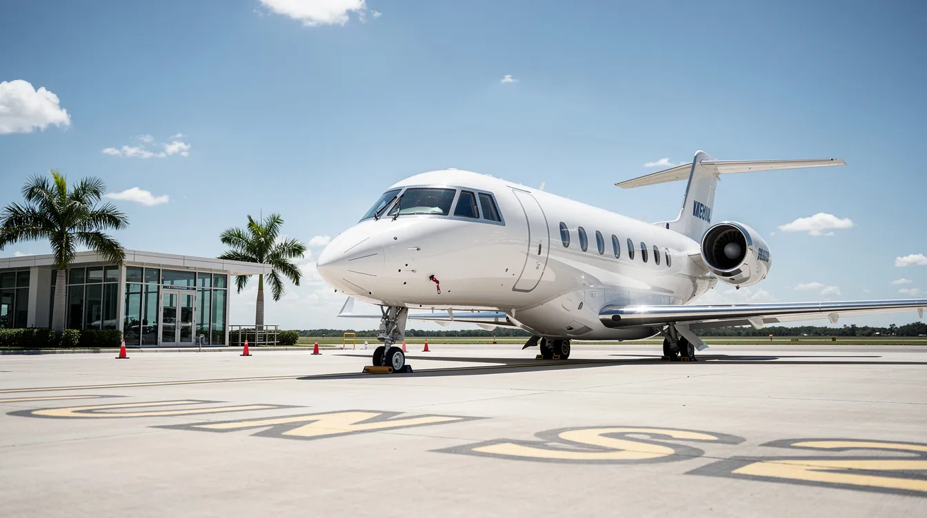 A private jet is parked near a sunny general aviation terminal at Naples Municipal Airport in Florida, showcasing the exceptional airport experience offered by the Naples Airport Authority. The scene reflects the vibrant atmosphere of Southwest Florida, with the jet ready for passengers and pilots embarking on their next flight.