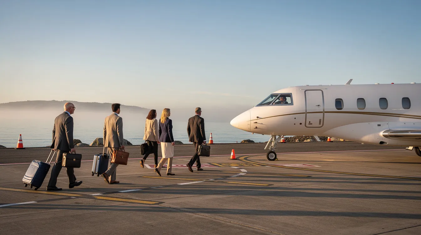 A group of passengers strolls towards a private aircraft at Naples Municipal Airport on a clear coastal morning, embodying the exceptional airport experience offered by the Naples Airport Authority in Southwest Florida's beautiful Paradise Coast. The scene captures the essence of aviation services, with the sun shining brightly and a sense of adventure in the air.