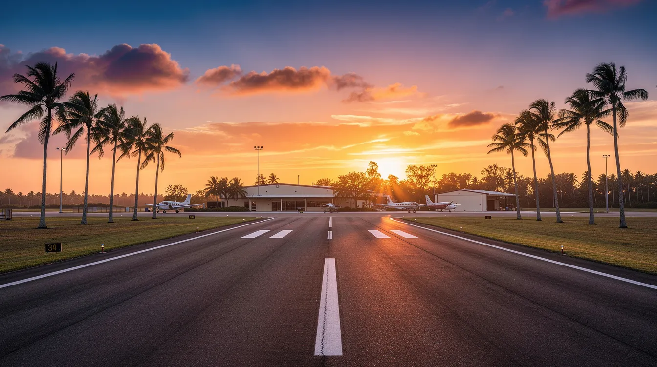 The image depicts a serene sunset view of the runway at Naples Municipal Airport, framed by lush palm trees, capturing the essence of Southwest Florida's paradise coast. This scene reflects the commitment of the Naples Airport Authority to provide an exceptional airport experience for passengers and pilots alike.