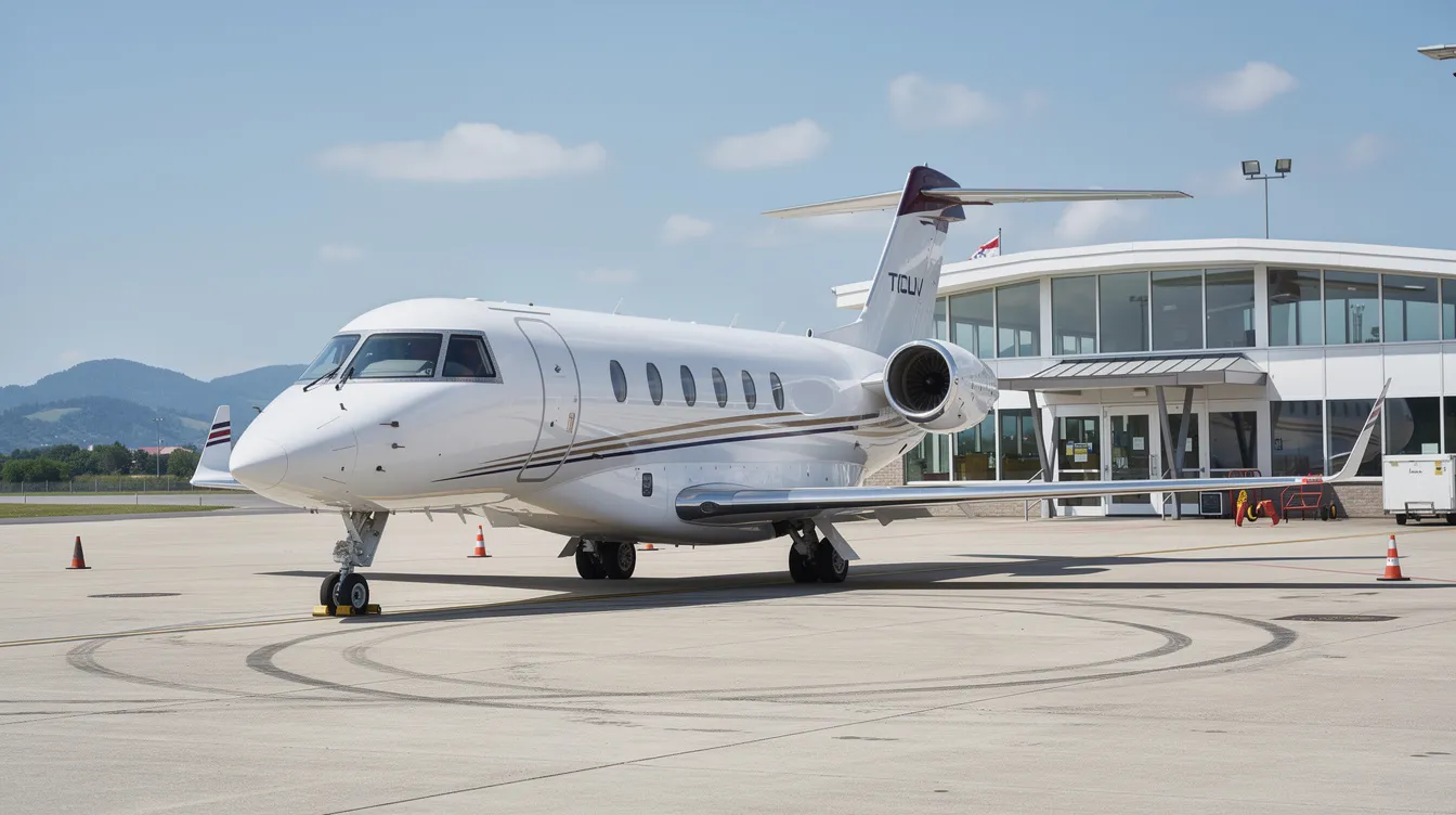 A sleek private jet is parked at a small regional airport terminal under a clear blue sky, showcasing the luxury of private aviation. This aircraft represents the delta private jets fleet, offering exclusive benefits for private travel and business jets.