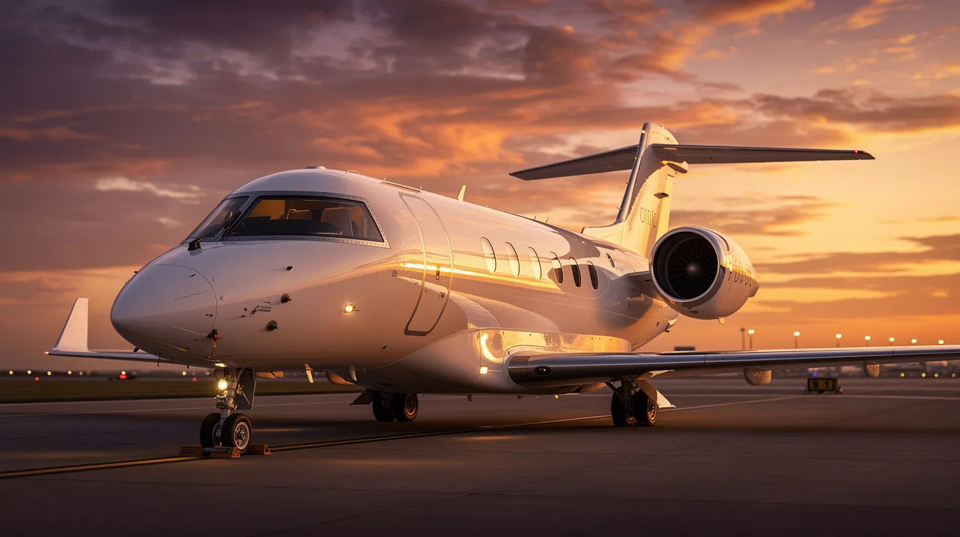 A sleek private jet sits on the runway, illuminated by the warm orange and purple hues of a sunset sky, symbolizing the luxury of private aviation. This scene captures the essence of exclusive travel, highlighting the appeal of delta private jets for those seeking comfort and convenience in their journeys.