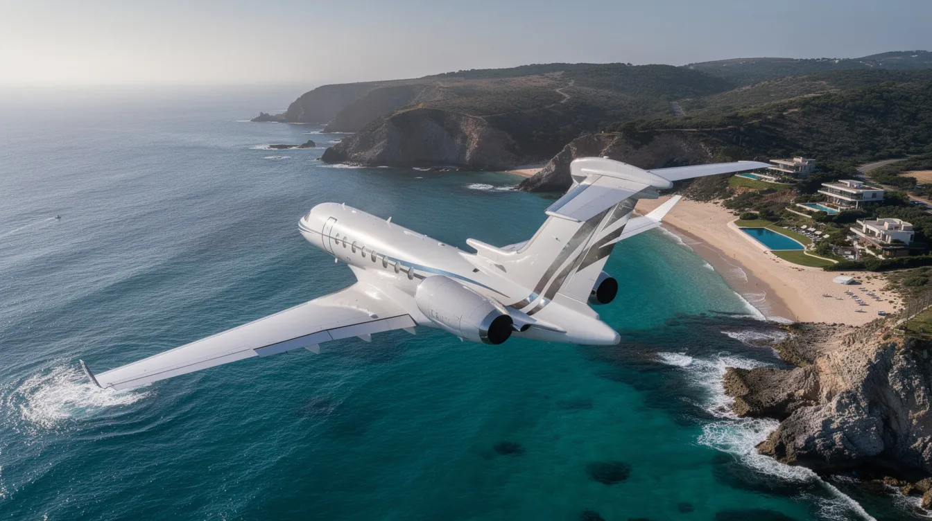 An aerial view captures a sleek private jet soaring above a stunning coastline, with vibrant turquoise waters glistening below. This scene epitomizes the luxury of private aviation, showcasing the beauty of exclusive private jet travel.