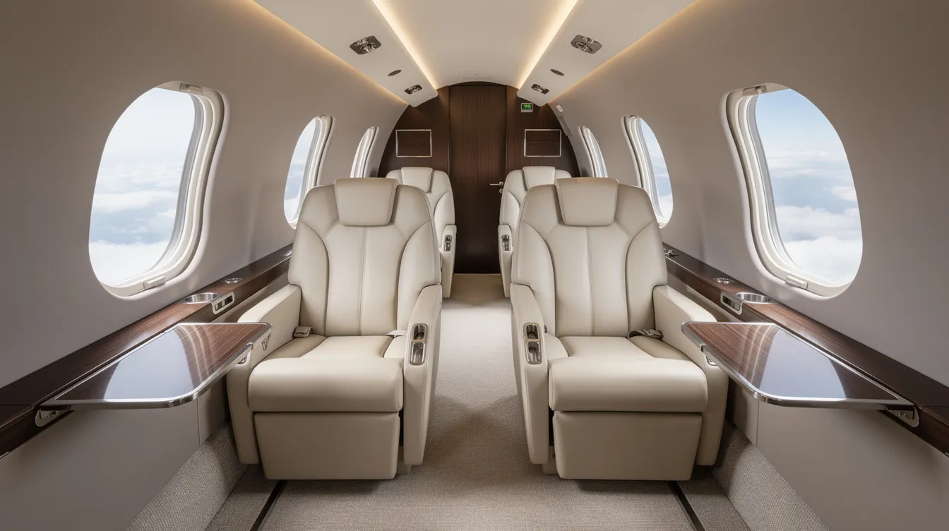 The image shows the interior of a modern midsize private jet cabin, featuring plush leather seats and large windows that allow ample natural light. This luxurious setting exemplifies the comfort and exclusivity of private jet travel, often associated with delta private jets and their fleet of private aircraft.
