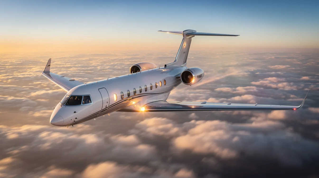 The image depicts a sleek private jet parked at an airport, showcasing its modern design and luxurious features, representing the high standards of private aviation. This aircraft is part of the Vista members fleet, highlighting the benefits of exclusive access and guaranteed availability for clients seeking cost-effective travel solutions.