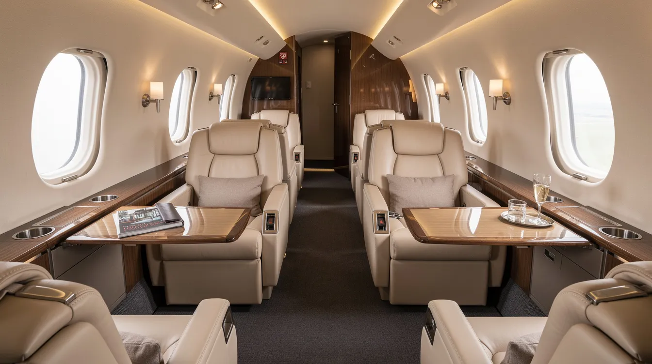 The image depicts a luxurious private jet cabin featuring comfortable seating designed for an intimate flying experience, showcasing the elegance and spaciousness typical of the Vista members fleet. This private aviation space emphasizes the benefits of fractional ownership, providing guaranteed availability for clients seeking a cost-effective travel solution.
