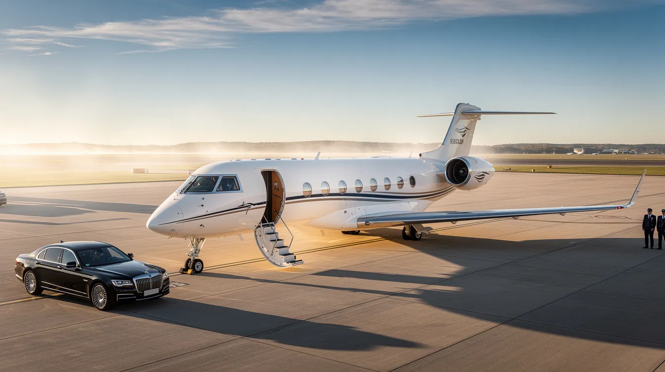 The image depicts a luxurious private jet from the Vista members fleet, showcasing its sleek design and spacious interior, emphasizing the benefits of private aviation. This jet represents the cost-effective options available through VistaJet's streamlined membership program, which offers guaranteed availability and flexible flight hours for discerning clients.