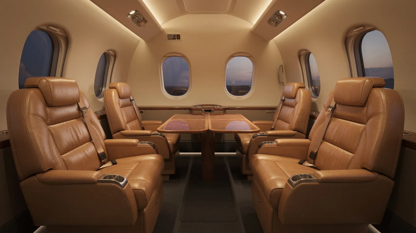 The image depicts the interior of a small Piper aircraft cabin, featuring plush leather club seating and convenient fold-out tables, all illuminated by warm lighting, creating a cozy and inviting atmosphere for up to seven passengers. This design is characteristic of the Piper Cheyenne series, known for its comfort and functionality in aviation history.