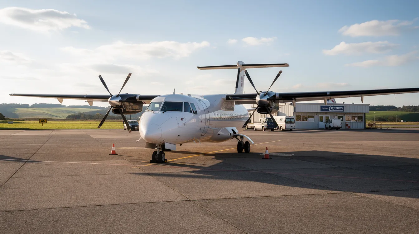 A twin-engine turboprop Piper Cheyenne aircraft is parked on the tarmac of a small regional airport, with lush green hills visible in the background. This model is known for its performance in aviation history, capable of carrying up to seven passengers.