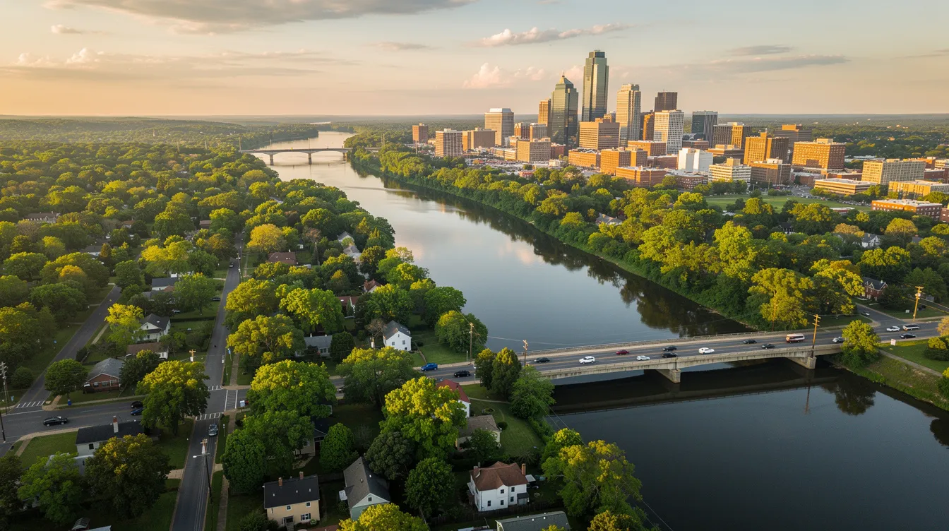An aerial view showcases a winding river flowing through a lush green Southern city, with a vibrant downtown skyline visible in the distance. This picturesque scene captures the essence of Baton Rouge, where world-class service and modern facilities await at the BTR Jet Center, located near the Baton Rouge Metropolitan Airport.