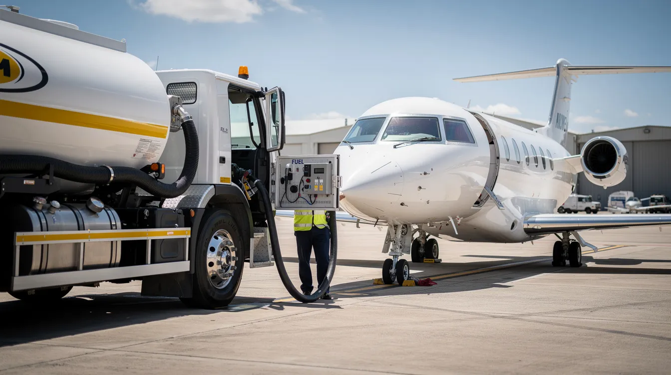 A fuel truck is servicing a white business jet on the east ramp of Ryan Field at Baton Rouge Metropolitan Airport, showcasing the world-class service offered by BTR Jet Center. This scene highlights the seamless arrival experience for private aviation clients, ensuring quick fuel stops and professional ground service.