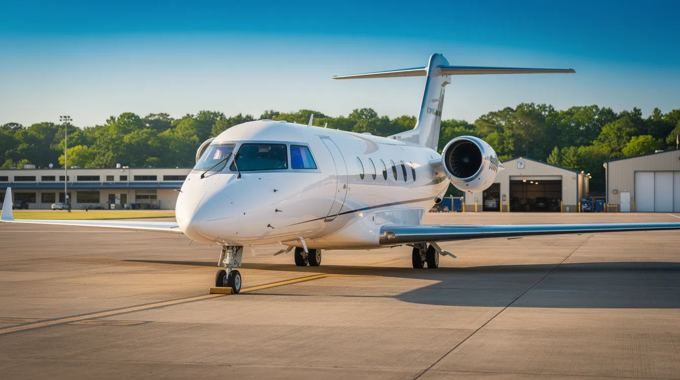 A private business jet is parked on a concrete ramp at the Baton Rouge Metropolitan Airport, surrounded by lush green trees under a clear blue sky. This scene reflects the world-class service and modern facilities offered by the BTR Jet Center, a premiere private FBO located in Baton Rouge, Louisiana.