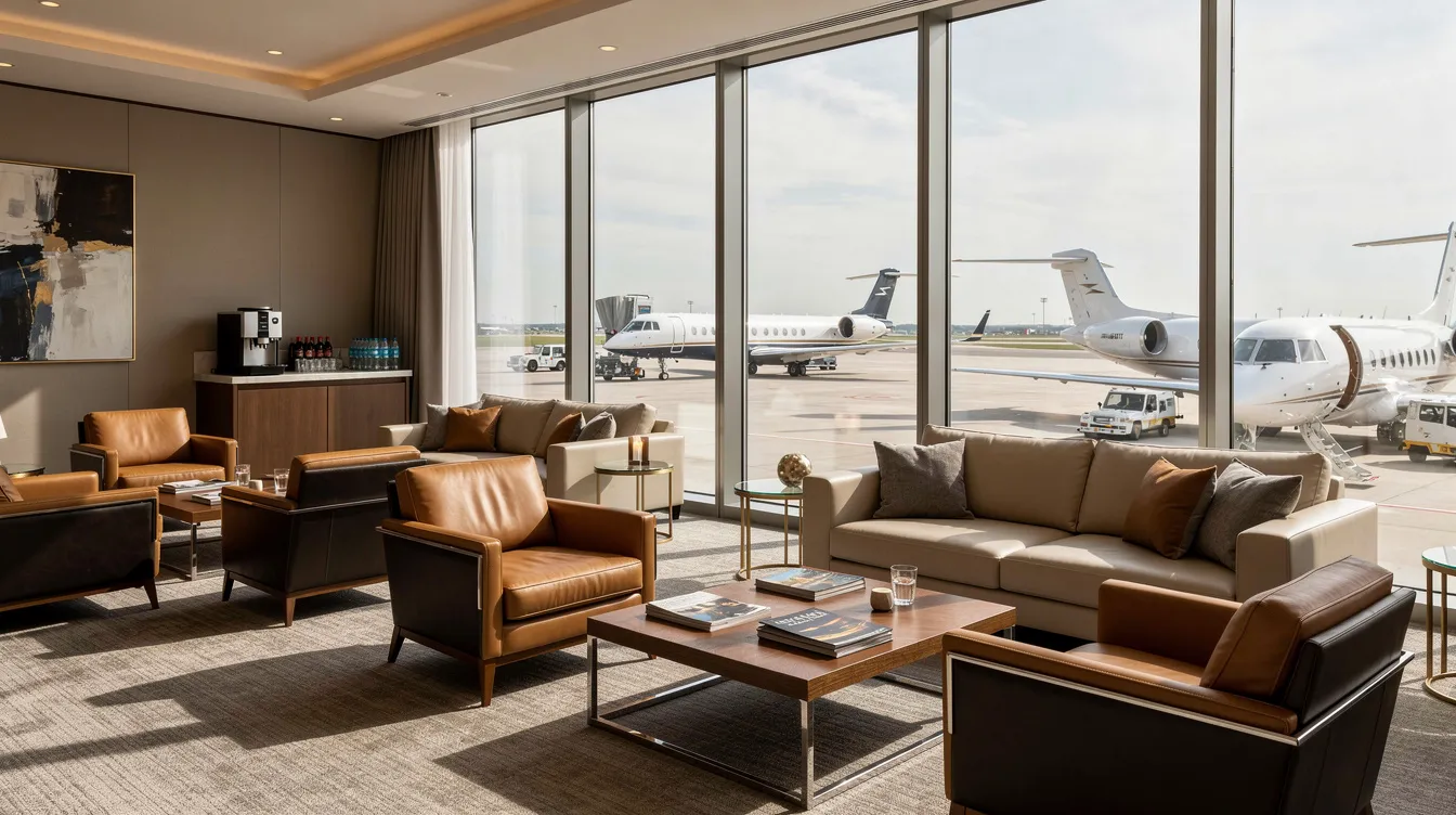 The image depicts a modern and comfortable private aviation lounge featuring plush leather seating and large windows that provide a view of the airport ramp at Baton Rouge Metropolitan Airport. This premiere private FBO, known for its world-class service and professional ground service, offers a relaxing atmosphere for passengers and crew alike, ensuring a seamless arrival experience.