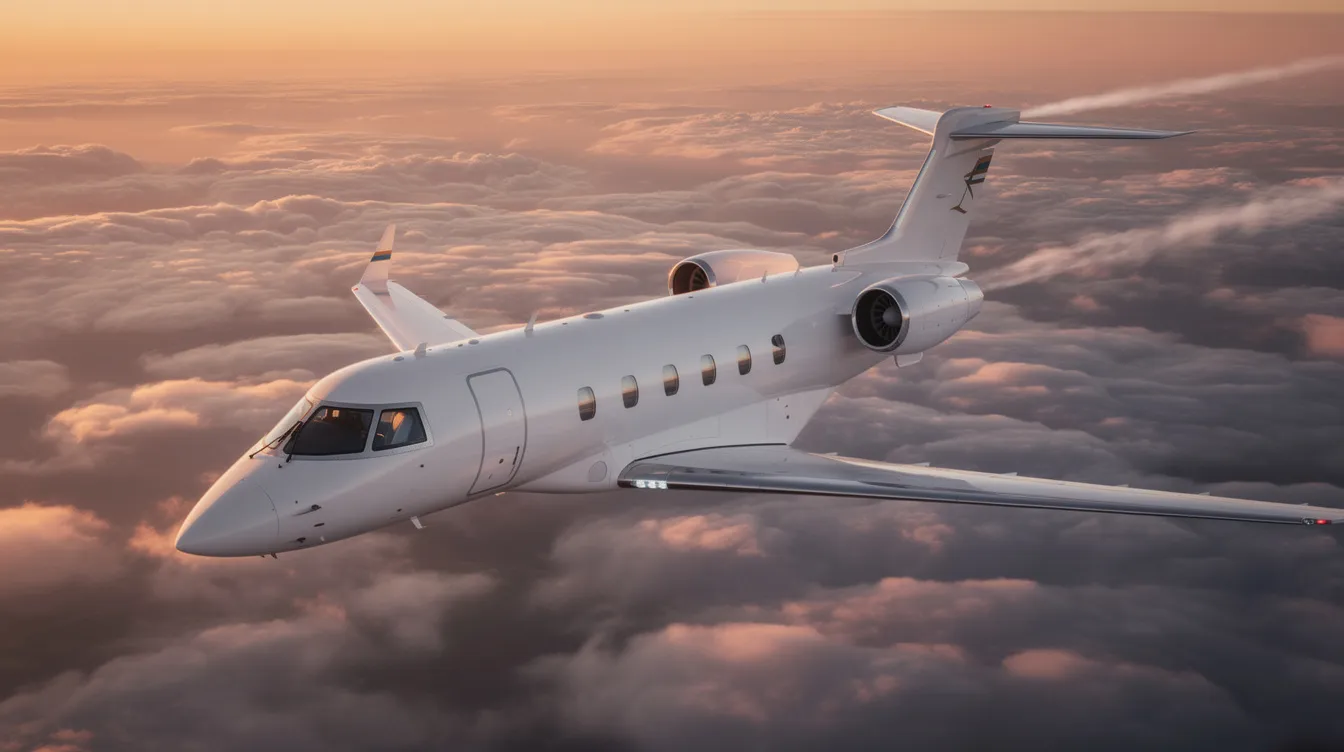 The image depicts a sleek private jet, showcasing its modern design and luxurious cabin, symbolizing the pinnacle of business aviation. This aircraft, ideal for charter flights, offers a flying experience that prioritizes safety, performance, and productivity for its passengers.
