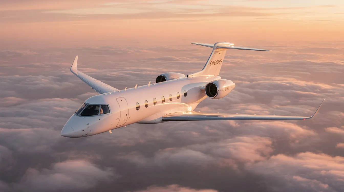 The image showcases a sleek business jet in flight, representing the pinnacle of private jet aviation. With its advanced specifications and top speed, this aircraft is designed to enhance the flying experience for passengers, connecting them to airports around the world with safety and efficiency.