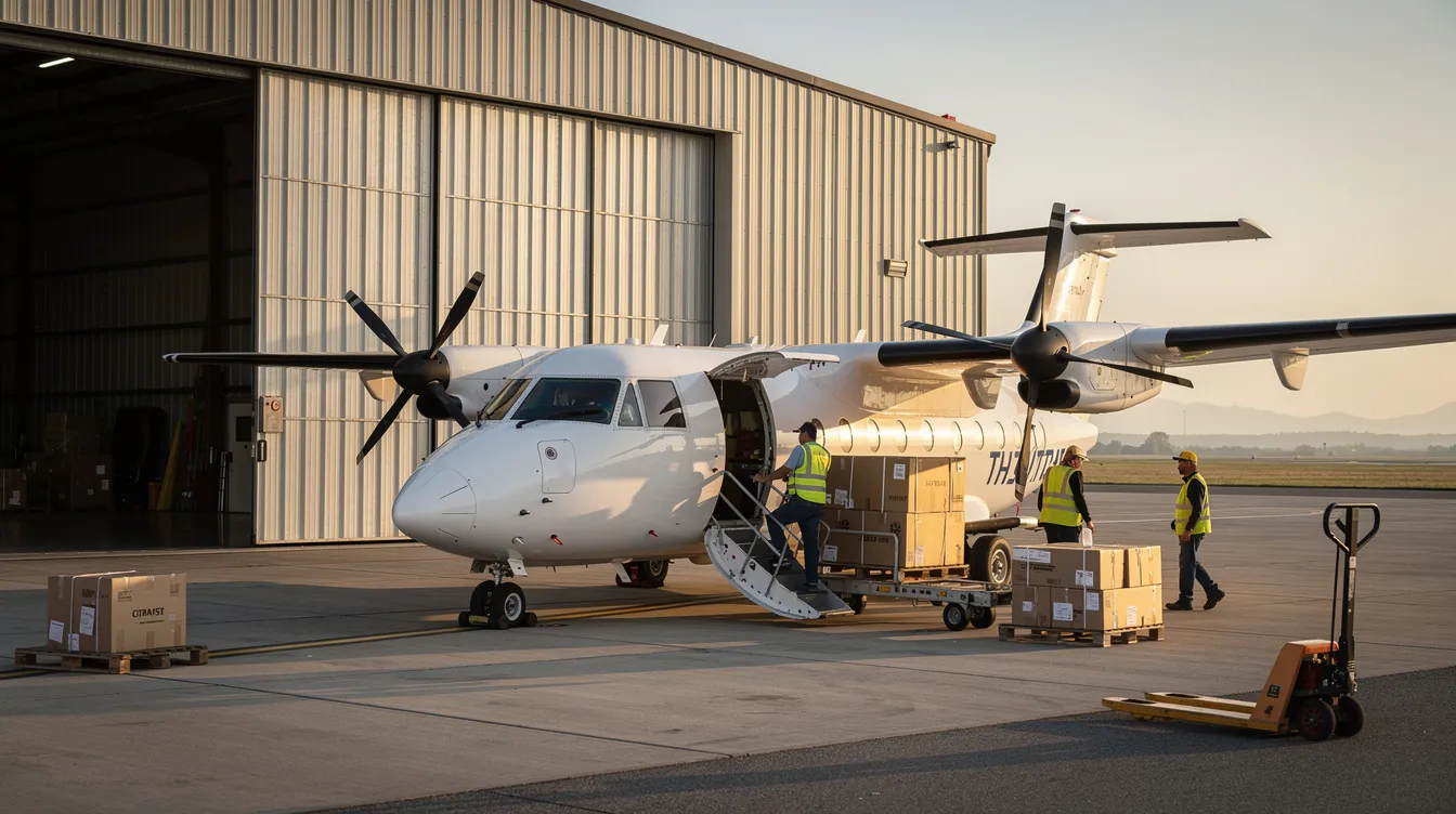 A small turboprop aircraft, specifically a Fairchild Swearingen Metroliner, is positioned beside a hangar as it loads cargo through its rear cargo door. The low-wing plane features visible engine nacelles and landing gear, ready for efficient transportation and flight operations.