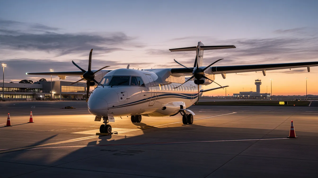 A Fairchild Swearingen Metroliner, a twin turboprop aircraft, is parked on a regional airport apron at dusk, showcasing its low-wing design and cargo door. The airplane's aft fuselage and engine nacelles are visible as it awaits its next flight, with two pilots nearby preparing for departure.