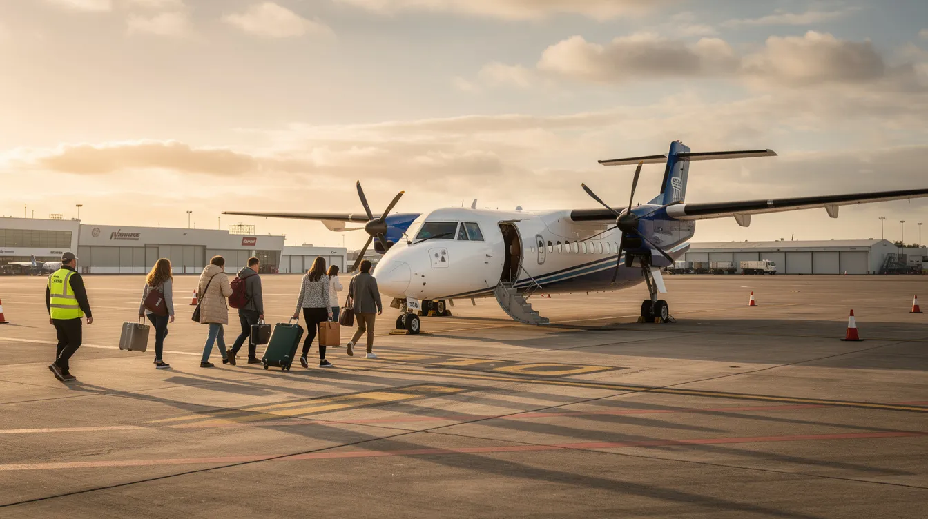 Passengers are seen walking toward a small regional turboprop aircraft, specifically a Fairchild Swearingen Metroliner, parked on the airport ramp. The low-wing plane, equipped with engine nacelles and a cargo door, is ready for takeoff, while two pilots prepare for the flight ahead.