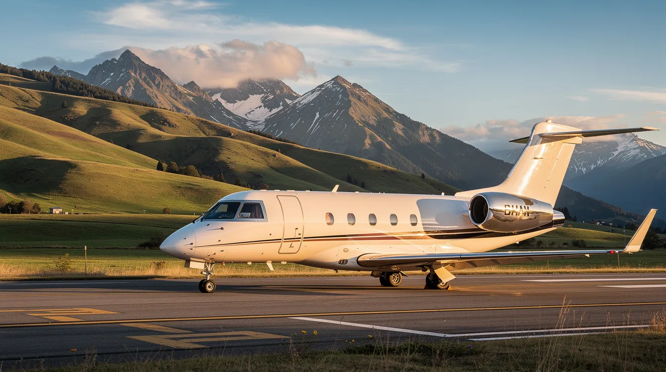 A private aircraft is parked on the ramp near the foothills of the Rocky Mountains, with a backdrop of scenic mountains and clear skies. This setting is close to Centennial Airport, providing a picturesque view for pilots and passengers alike.
