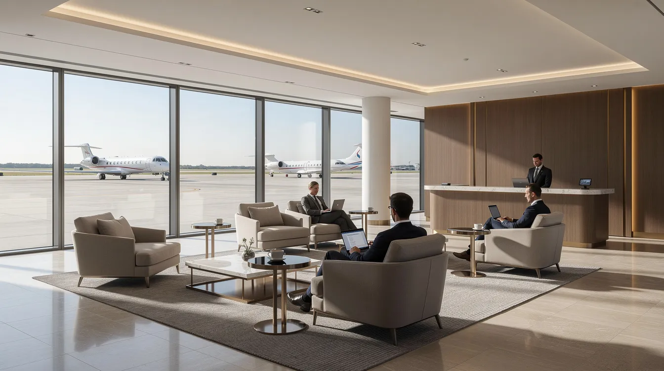 The image depicts a modern private aviation lounge at Centennial Airport, featuring comfortable seating and large windows that provide a view of the runway and surrounding landscape. This inviting space is designed for pilots and passengers, offering a relaxing atmosphere before flights.